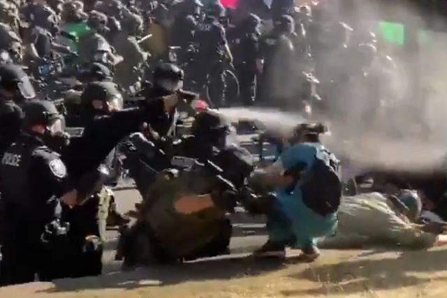 A nurse has tear gas fired into her face while trying to help a protester who had been pushed over by police during a demonstration for racial justice in Seattle