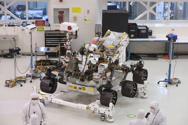 The Mars 2020 Rover is seen in the spacecraft assembly area clean room, December 27, 2019 during a media tour at NASA's Jet Propulsion Laboratory in Pasadena, California
