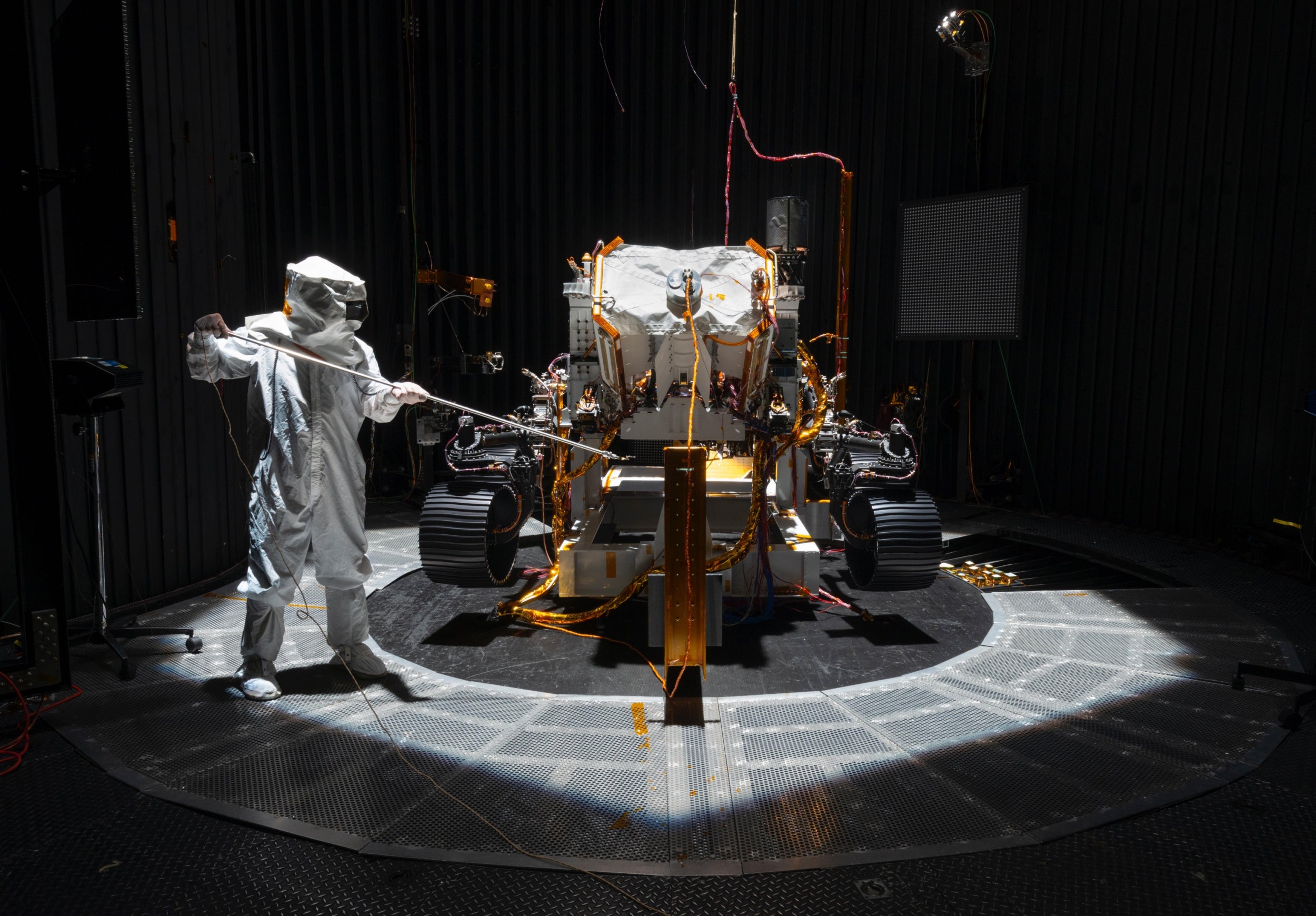A vacuum simulation chamber — a sort of giant Mars Jar — containing the Mars Perseverance rover during a solar intensity test in October 2019