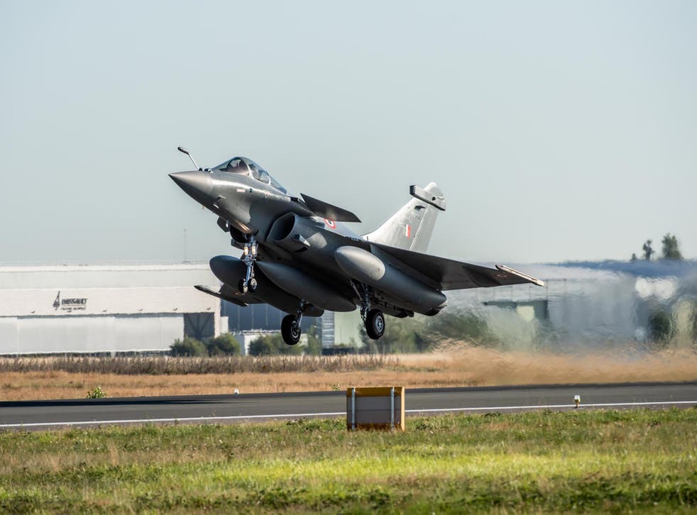 A handout picture taken on Monday showing one of the five Indian Air Force Rafale aircraft taking off from Merignac air base in southern France. The jets arrived at Ambala base in India on Wednesday, and are expected to enter service by the end of August