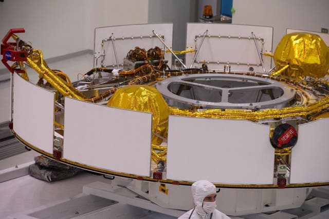 The Mars 2020 Spacecraft cruise stage is seen in the spacecraft assembly area clean room, December 27, 2019 during a media tour at NASA's Jet Propulsion Laboratory in Pasadena, California