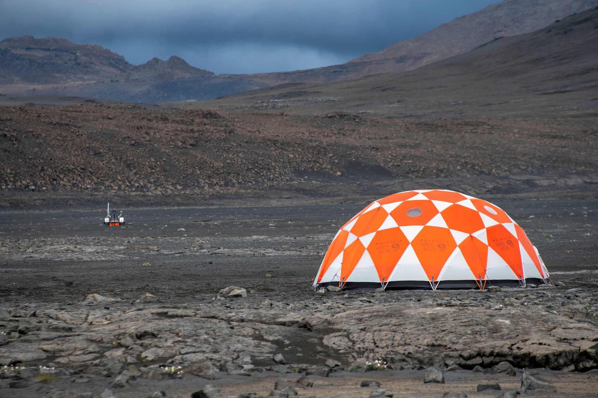 In this picture taken on July 19, 2019 shows the NASA base at the Lambahraun lava field in Iceland where they are getting their new robotic space explorer ready for the next mission to Mars