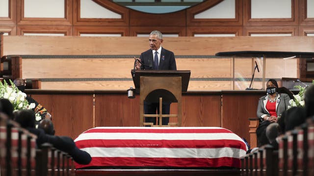 ATLANTA, GEORGIA - JULY 30: Former President Barack Obama gives the eulogy at the funeral service for the late Rep. John Lewis