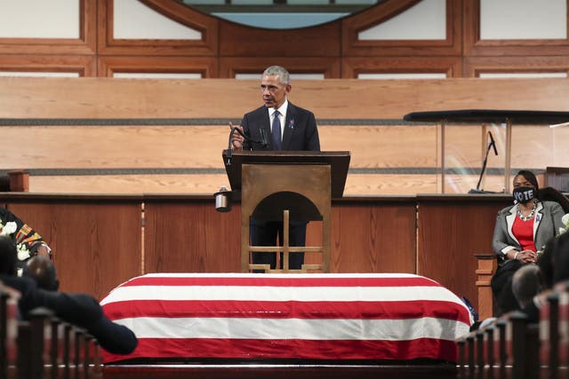 ATLANTA, GEORGIA - JULY 30: Former President Barack Obama gives the eulogy at the funeral service for the late Rep. John Lewis
