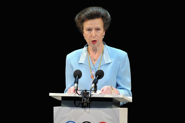 Princess Anne speaks on stage during the opening ceremony of the 124th IOC Session, prior to the start of the London 2012 Olympic Games