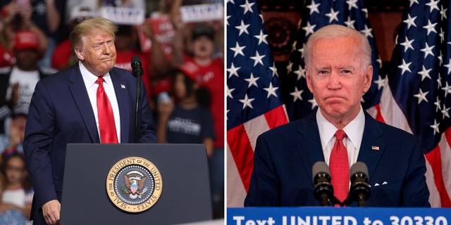 Donald Trump, left, has questioned the mental fitness of Democratic presidential nominee Joe Biden, who has denied claims he is senile.