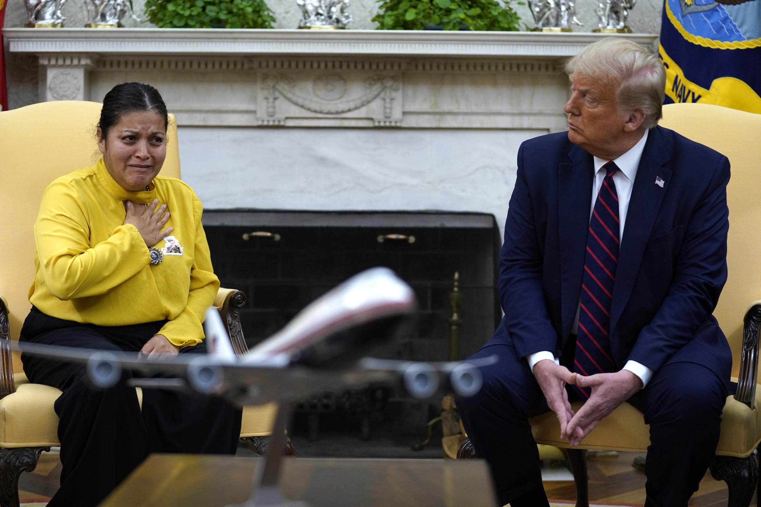 President Donald Trump meets with the family of slain Army Specialist Vanessa Guillen in the Oval Office of the White House on Thursday, 30 July, 2020