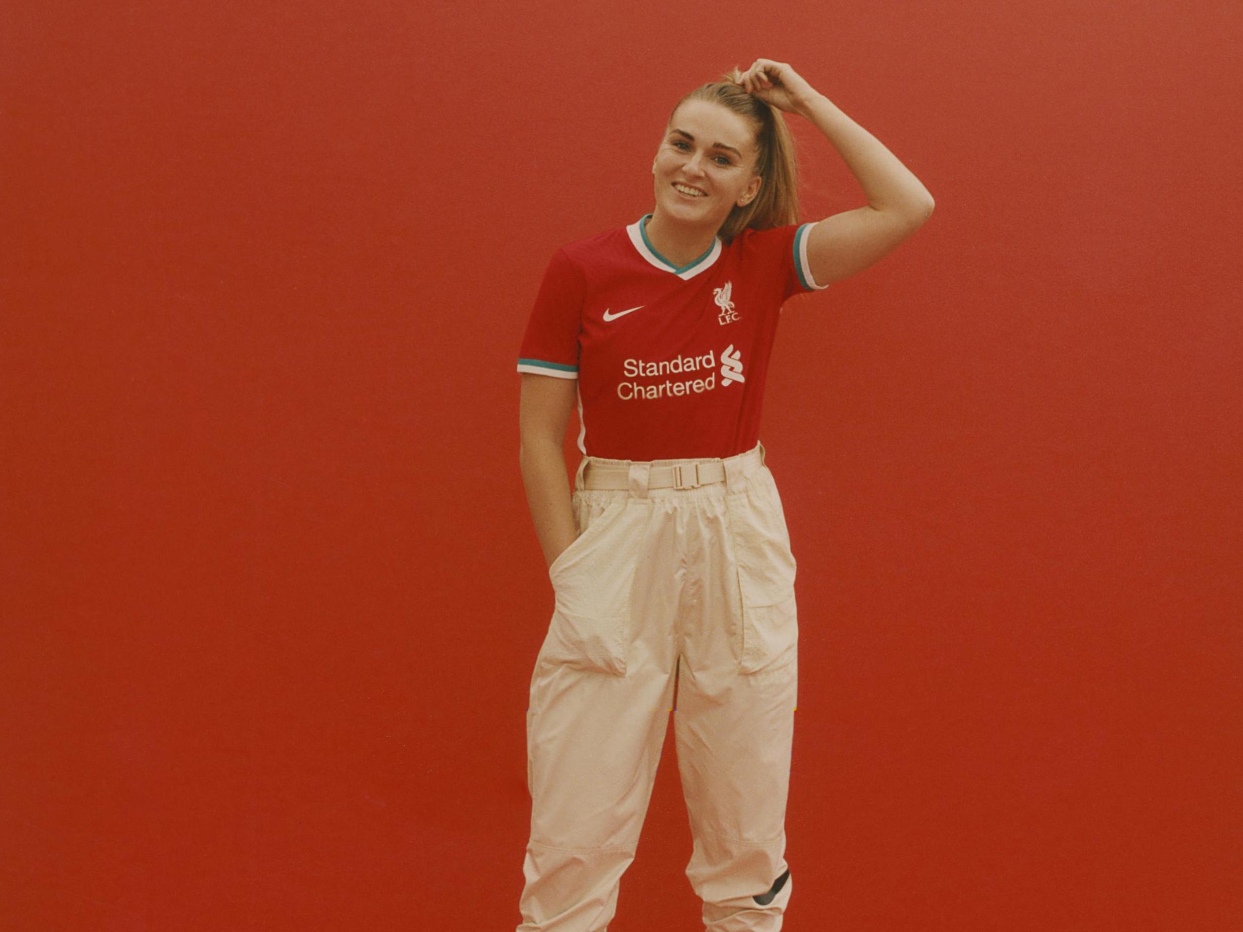 Mel Lawley models the new Liverpool kit