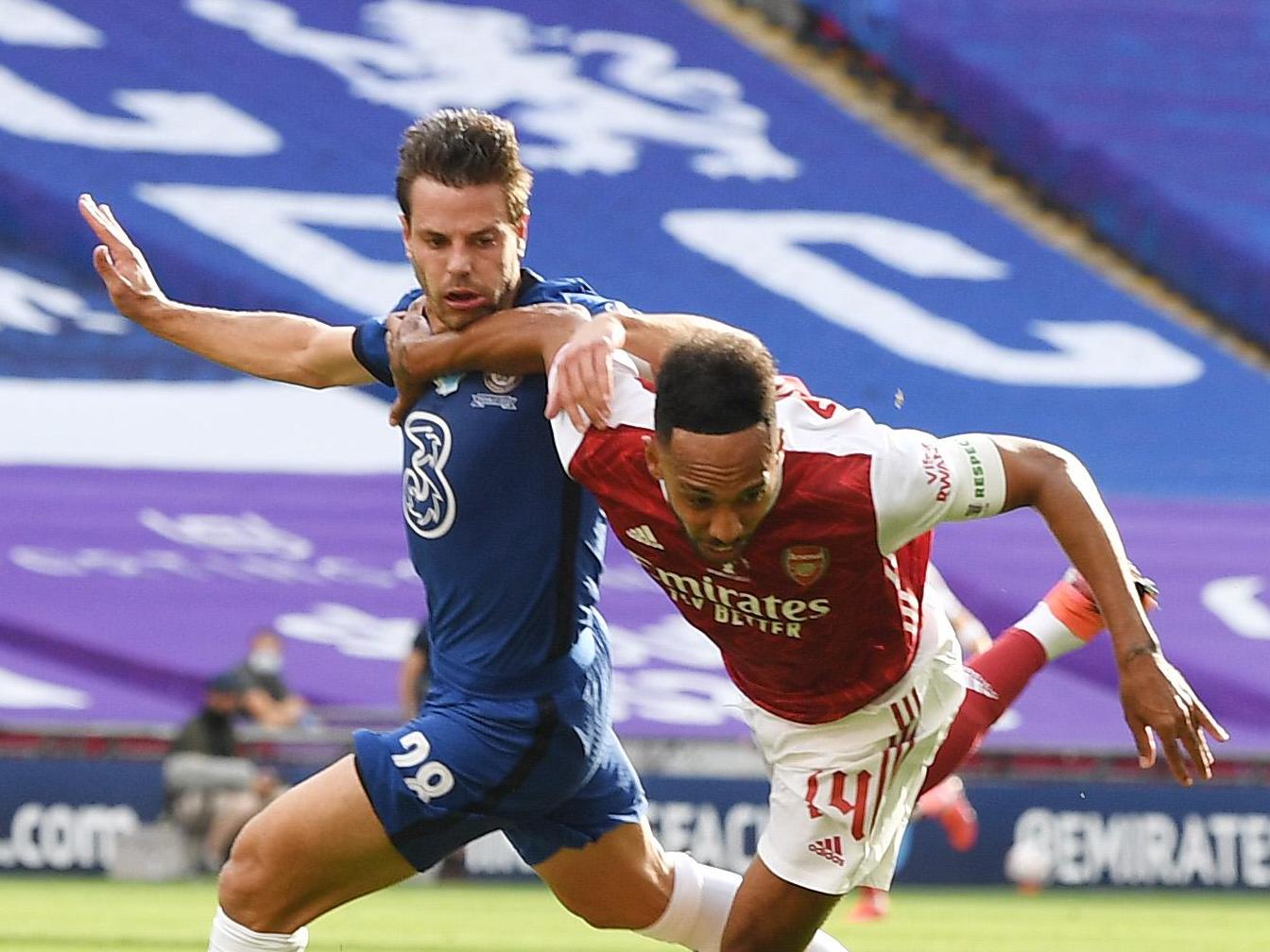 Cesar Azpilicueta brings down Pierre-Emerick Aubameyang in the Chelsea box for a penalty (Arsenal FC via Getty Images)