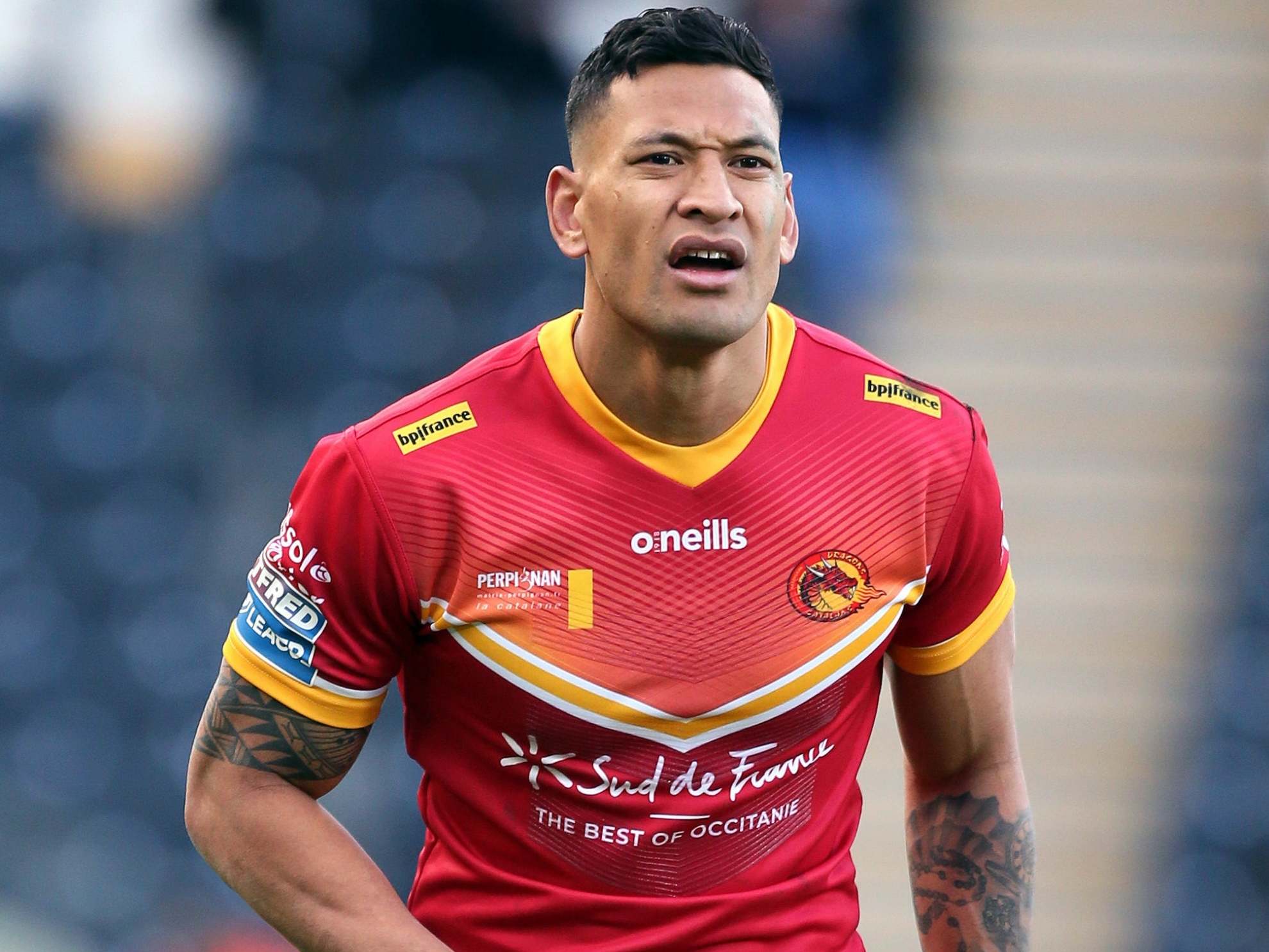 Israel Folau refused to take a knee before Catalans' Super League game with St Helens