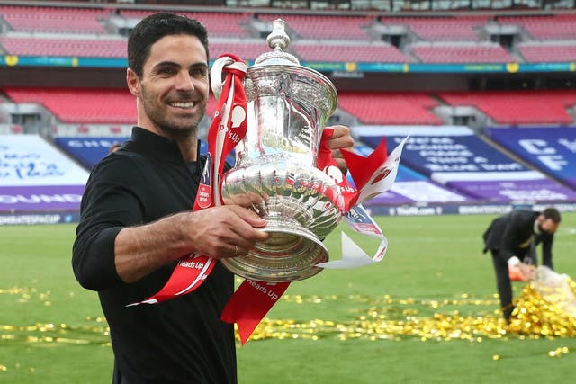 Mikel Arteta celebrates Arsenal's FA Cup win that has secured them a place in the Europa League