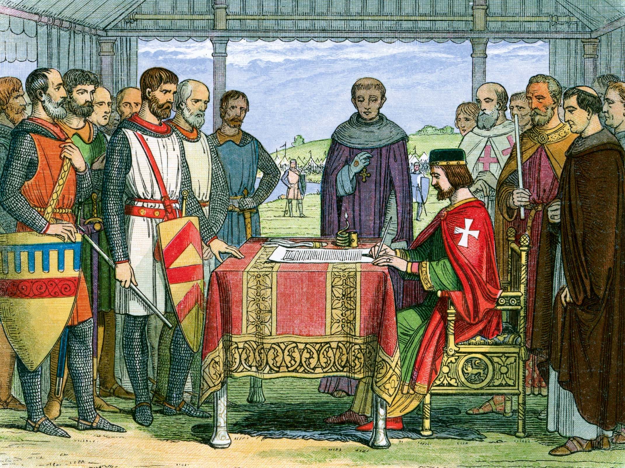 A lithograph from 1864 showing King John signing the Magna Carta in 1215