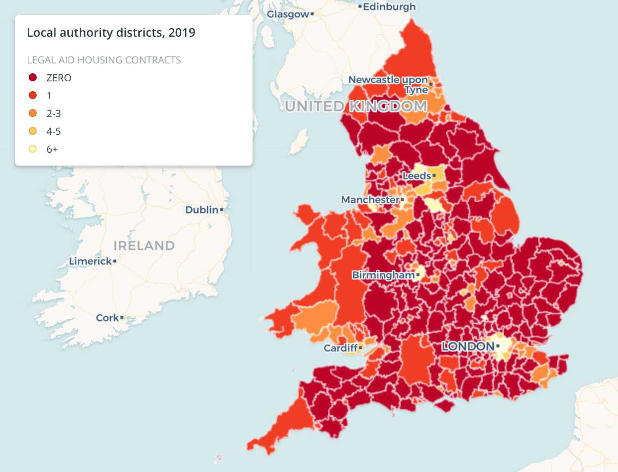 A map shows the lack of housing legal aid providers in 2019