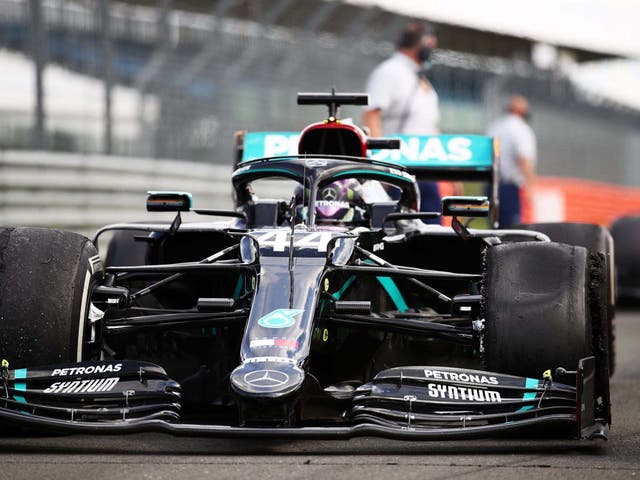 Lewis Hamilton managed to nurse his Mercedes to victory despite suffering a last-lap puncture