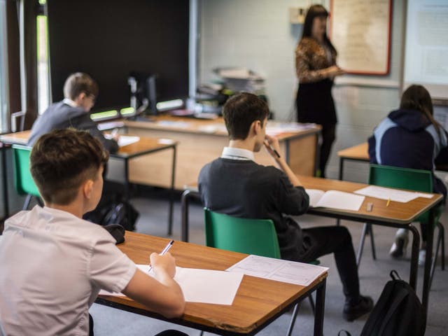 Pupils sit apart during a socially distanced language lesson at Longdendale High School
