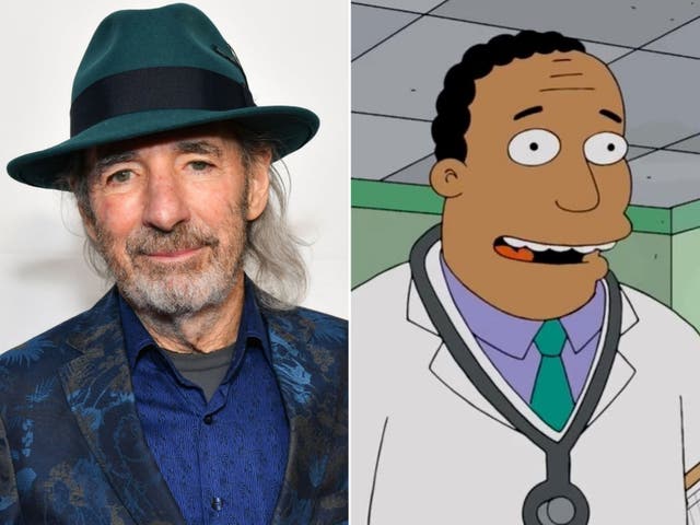 Harry Shearer in 2019, and his 'Simpsons' character Dr Hibbert