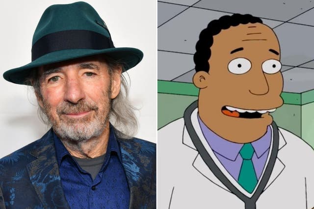Harry Shearer in 2019, and his 'Simpsons' character Dr Hibbert