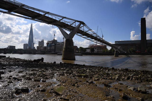The riverbed is exposed at low tide on the foreshore of the River Thames