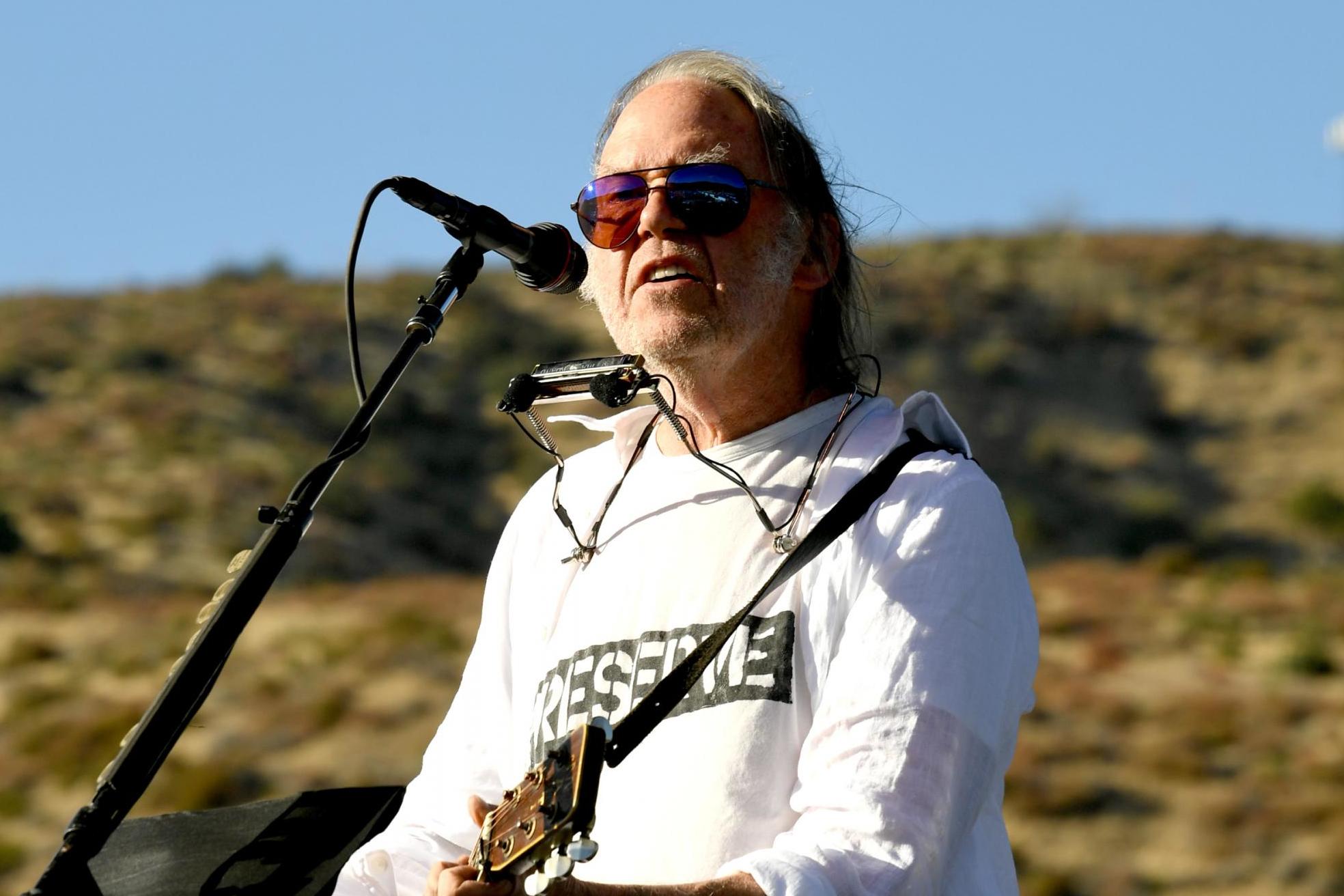 Neil Young performs at a benefit on 14 September 2019 in Lake Hughes, California.