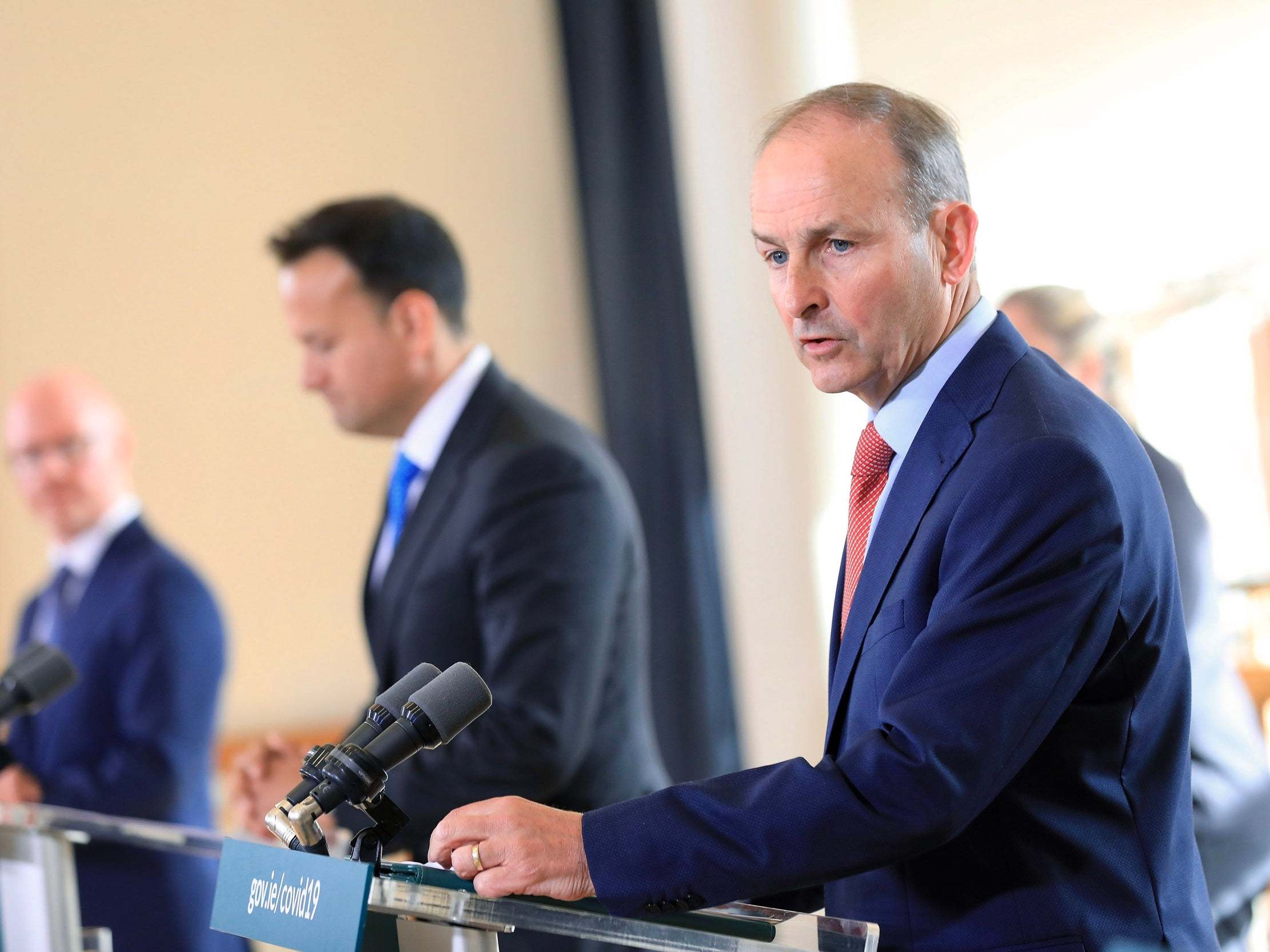 (left to right) Minister for Health Stephen Donnelly, Tanaiste Leo Varadkar and Taoiseach Micheal Martin TD during the post cabinet press briefing