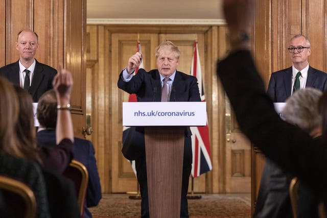Chris Whitty, Boris Johnson and Patrick Vallance deliver a press conference on coronavirus at the start of the pandemic
