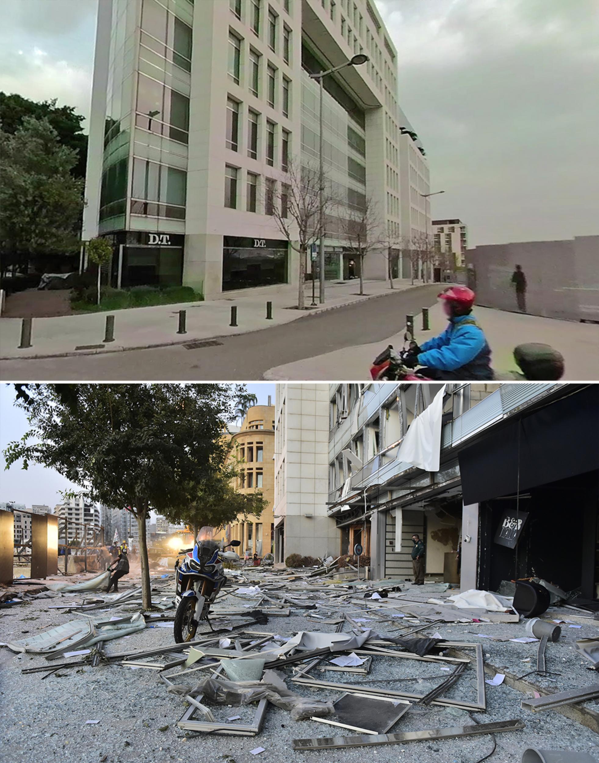 Before and after pictures of the warehouse where a fire led to the explosives blast at the port of Beirut