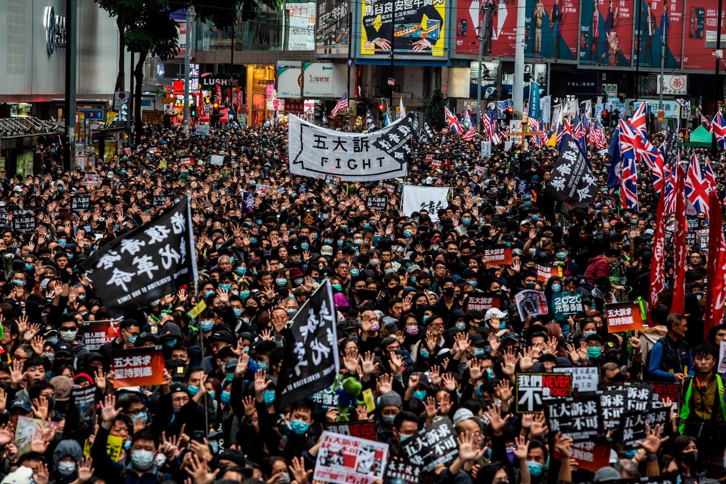 Tens of thousands of protesters march in Hong Kong during a massive pro-democracy rally on New Year’s Day (AFP/Getty)