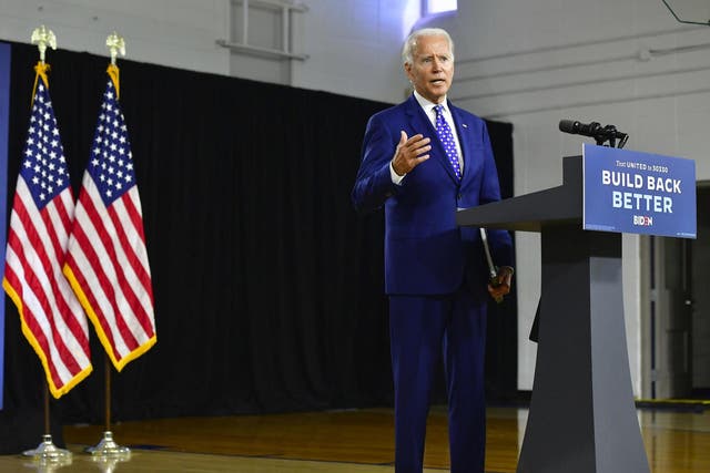 Presumptive Democratic presidential nominee former Vice President Joe Biden delivers a speech at the William Hicks Anderson Community Centre, on 28 July 2020 in Wilmington, Delaware