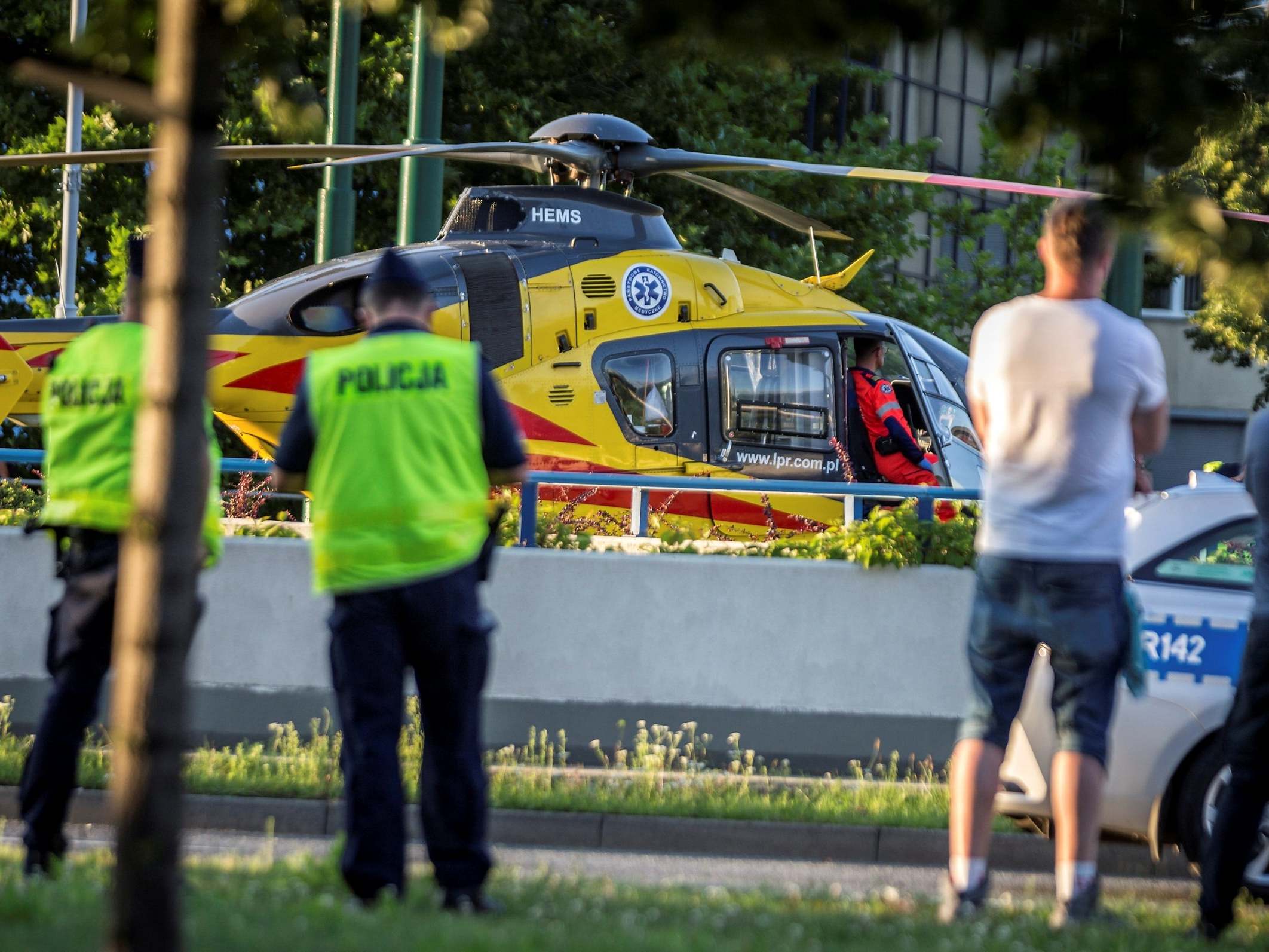A rescue helicopter attends the incident in Katowice