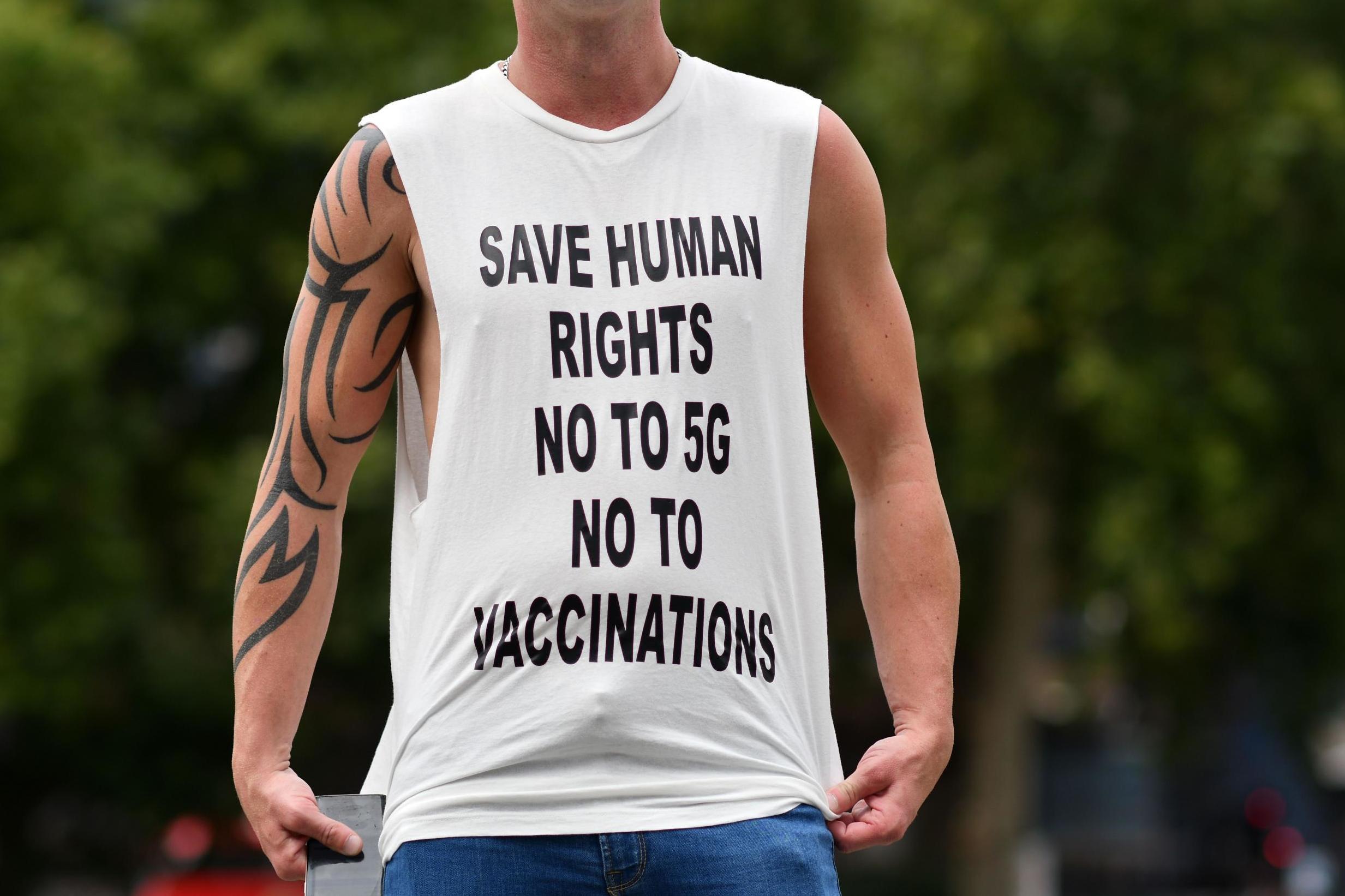 A man showing off his slogan T-shirt during a protest organised by Keep Britain Free in London in July