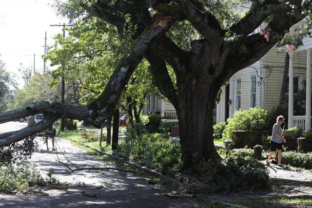 Residents of Wilmington clean up tree branch debris after Hurricane Isaias made landfall near the town the night before in Wilmington, North Carolina on 4 August 2020