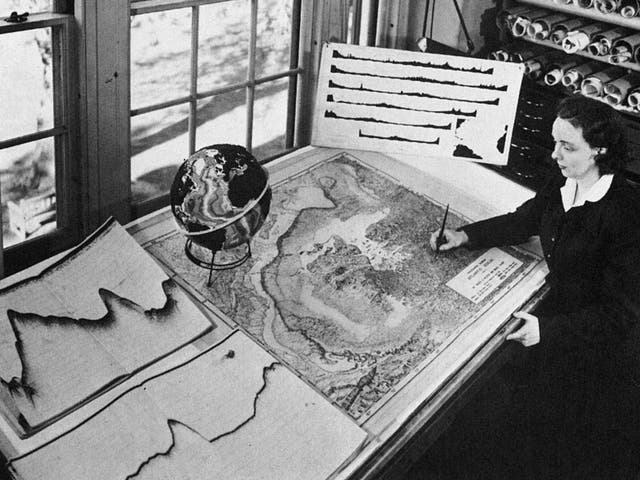 Marie Tharp at work on a map of the Atlantic Ocean's floor in the early 1950s