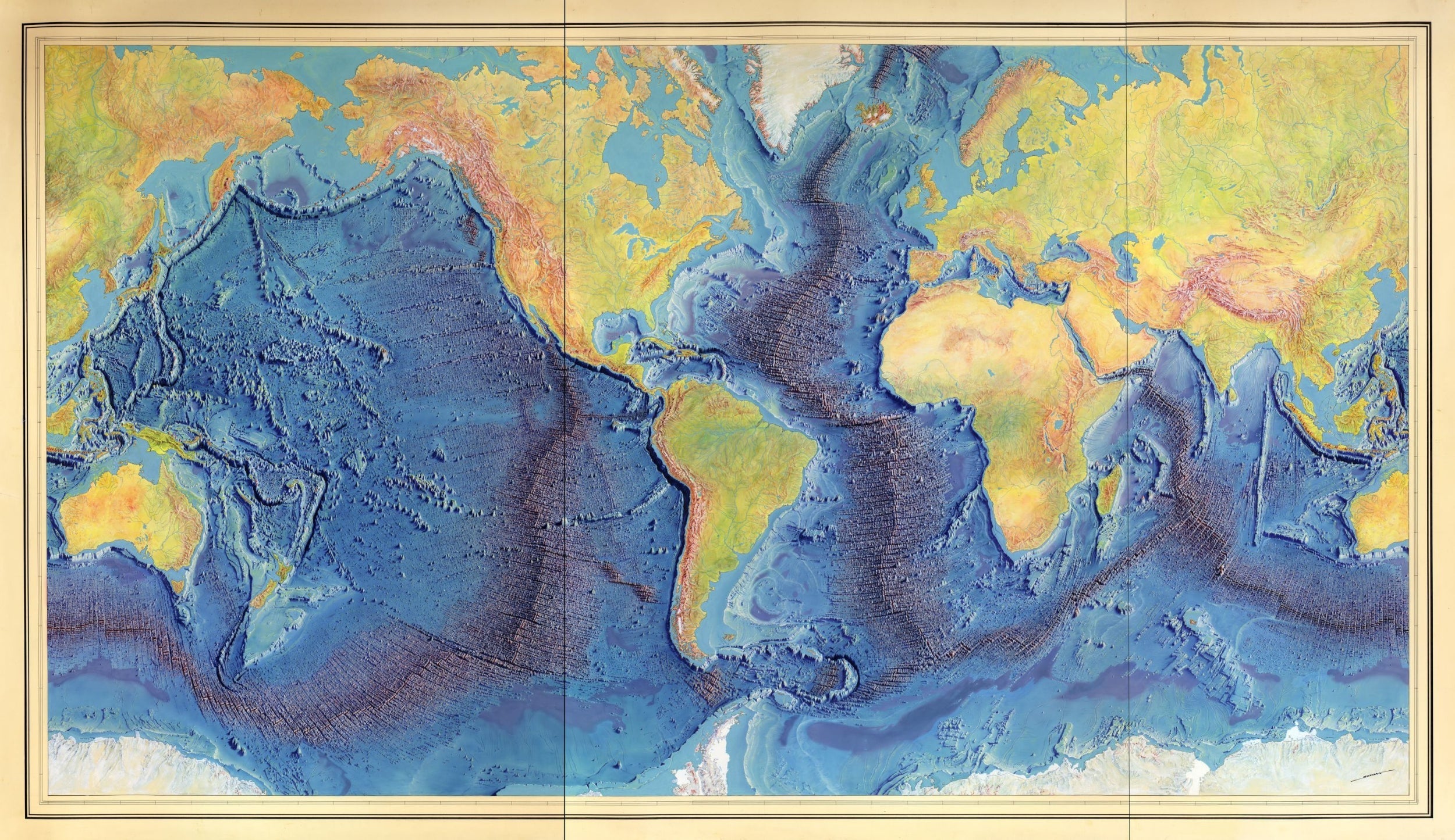 A hand-painted rendition by Heinrich Berann of the Heezen-Tharp 1977 world ocean floor map