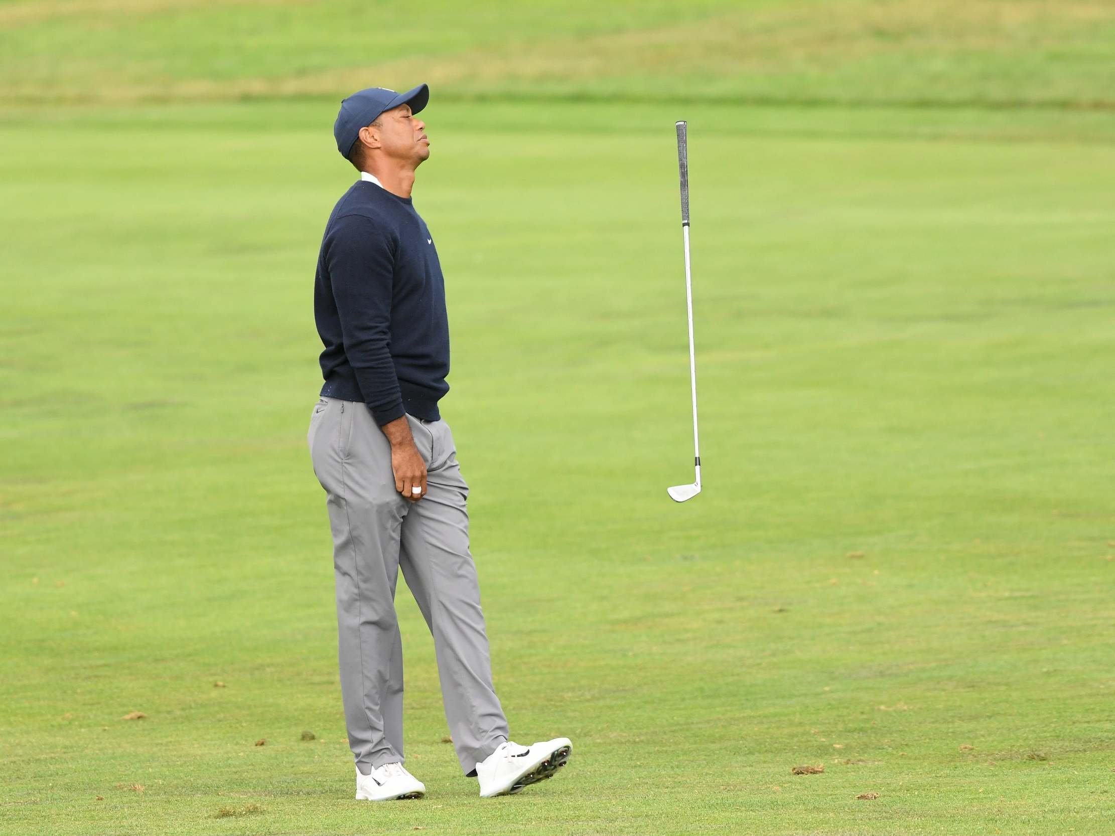 Tiger Woods reacts on the 13 hole at TPC Harding Park