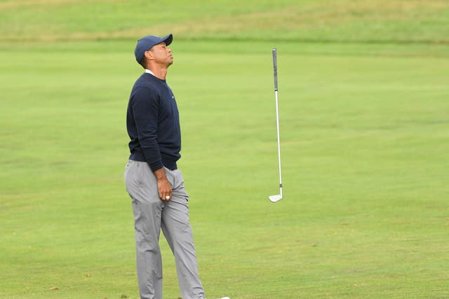 Tiger Woods reacts on the 13 hole at TPC Harding Park