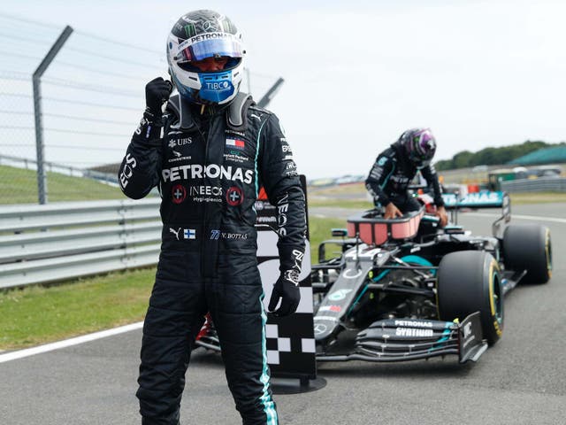 Valtteri Bottas celebrates taking pole position for the F1 70th Anniversary Grand Prix