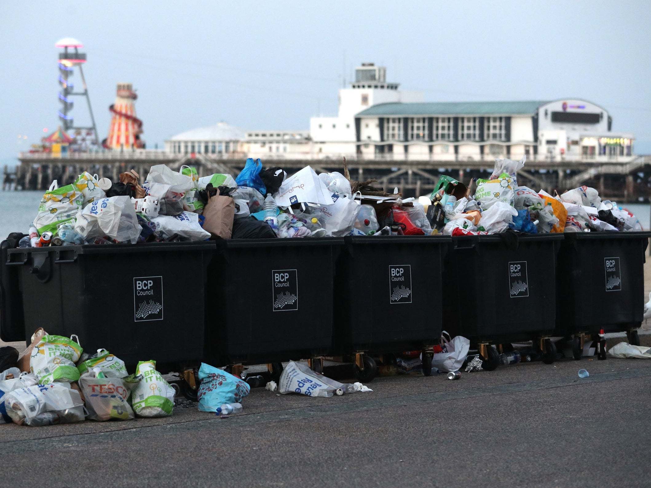 Waste ready to be collected on Bournemouth beach