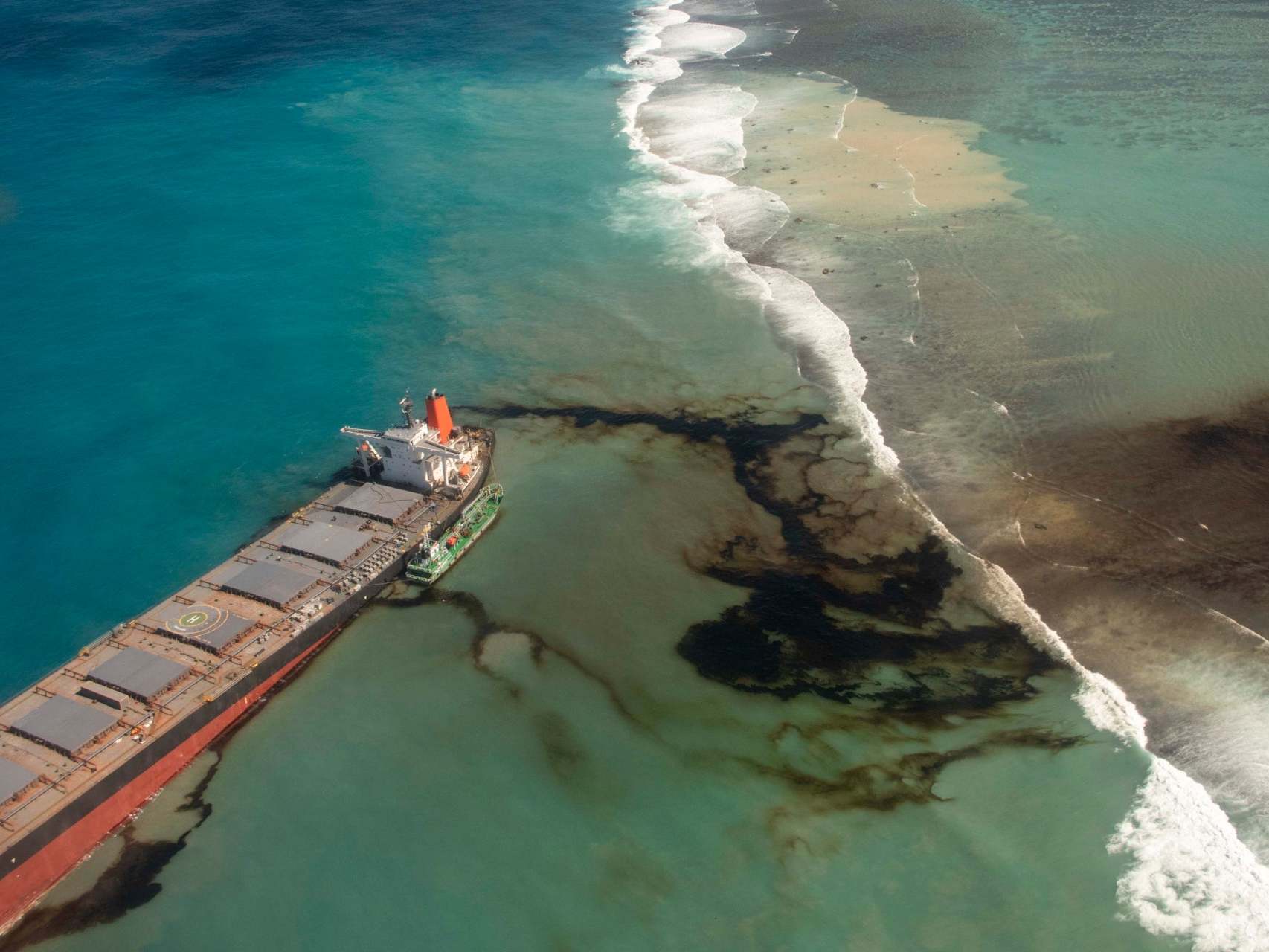 Oil leaks from the MV Wakashio, a bulk carrier ship that recently ran aground off the southeast coast of Mauritius