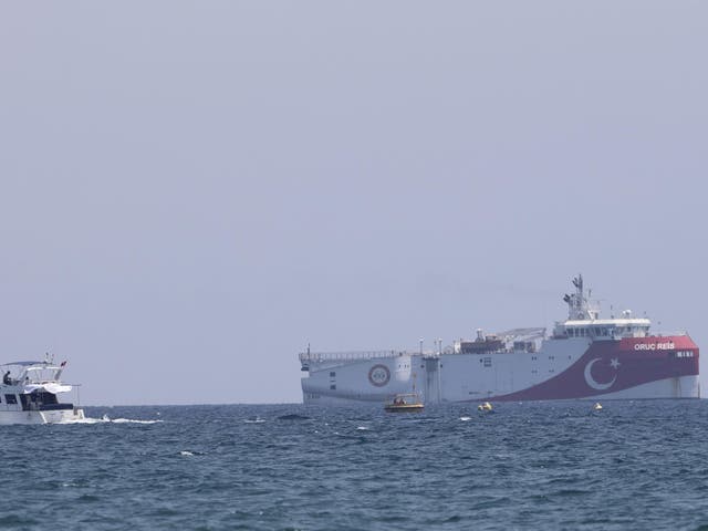 Turkey's research vessel, Oruc Reis, anchored off the coast of Antalya on the Mediterranean, Turkey. A top Turkish official said Tuesday that Turkey will suspend research for oil and gas exploration in disputed waters in the Eastern Mediterranean