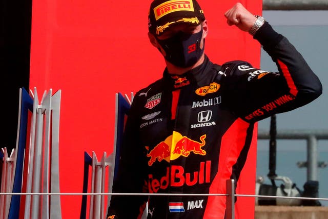 Max Verstappen celebrates winning the 70th Anniversary Grand Prix