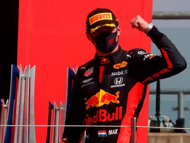 Max Verstappen celebrates winning the 70th Anniversary Grand Prix