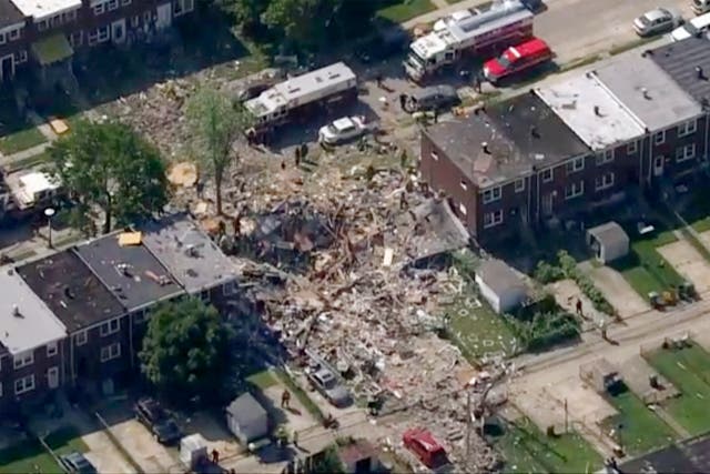 The scene of an explosion in Baltimore on Monday, 10 August, which leveled several homes