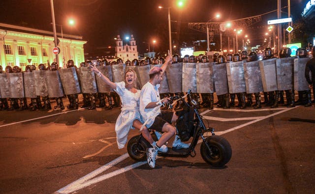 Protesters in Minsk following the close of polls on Sunday