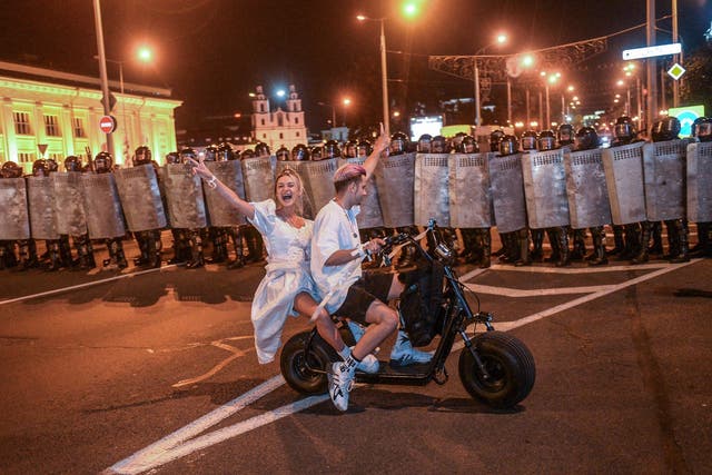 Protesters in Minsk following the close of polls on Sunday