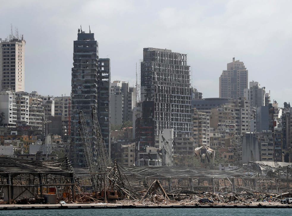 Damaged resident buildings and the destroyed port warehouses at the scene of last Tuesday’s explosion that hit the seaport of Beirut