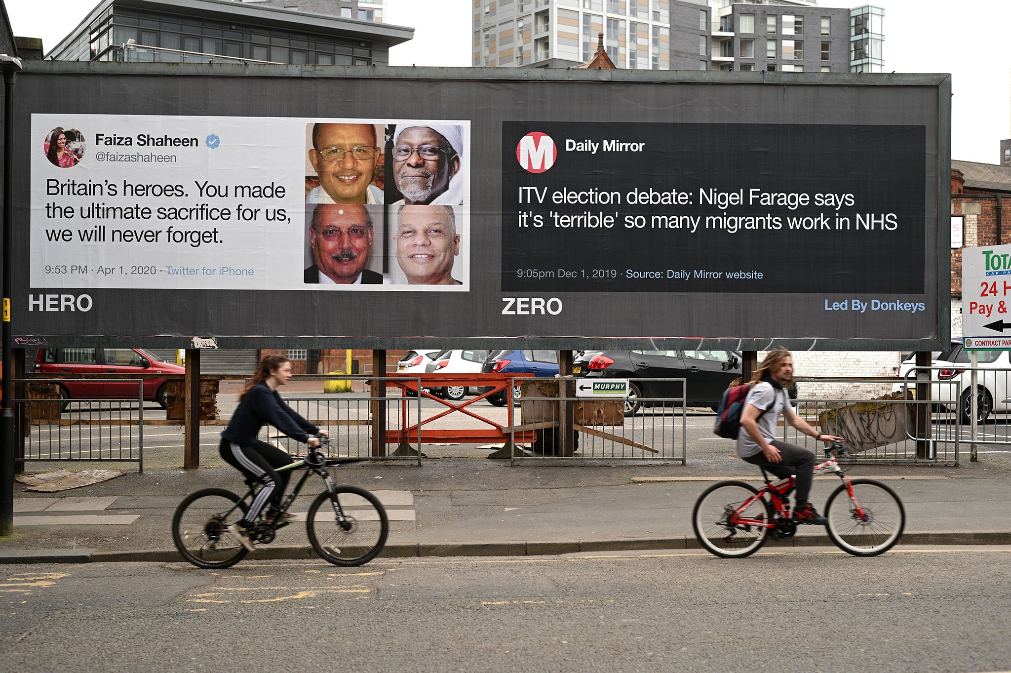 Posters critical of comments made by Brexit Party leader Nigel Farage in a near-deserted Manchester during the nationwide lockdown