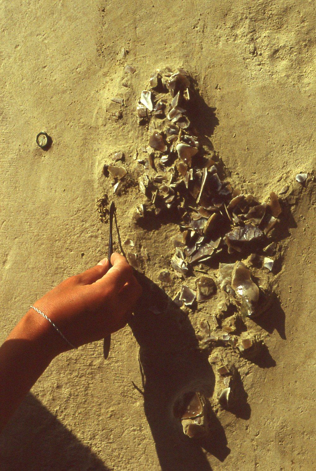 A small knapping scatter relating to the reshaping of a biface, preserving the imprint of an early human knee in the shards of waste flint, under excavation in 1989 (Copyright UCL Institute of Archaeology)