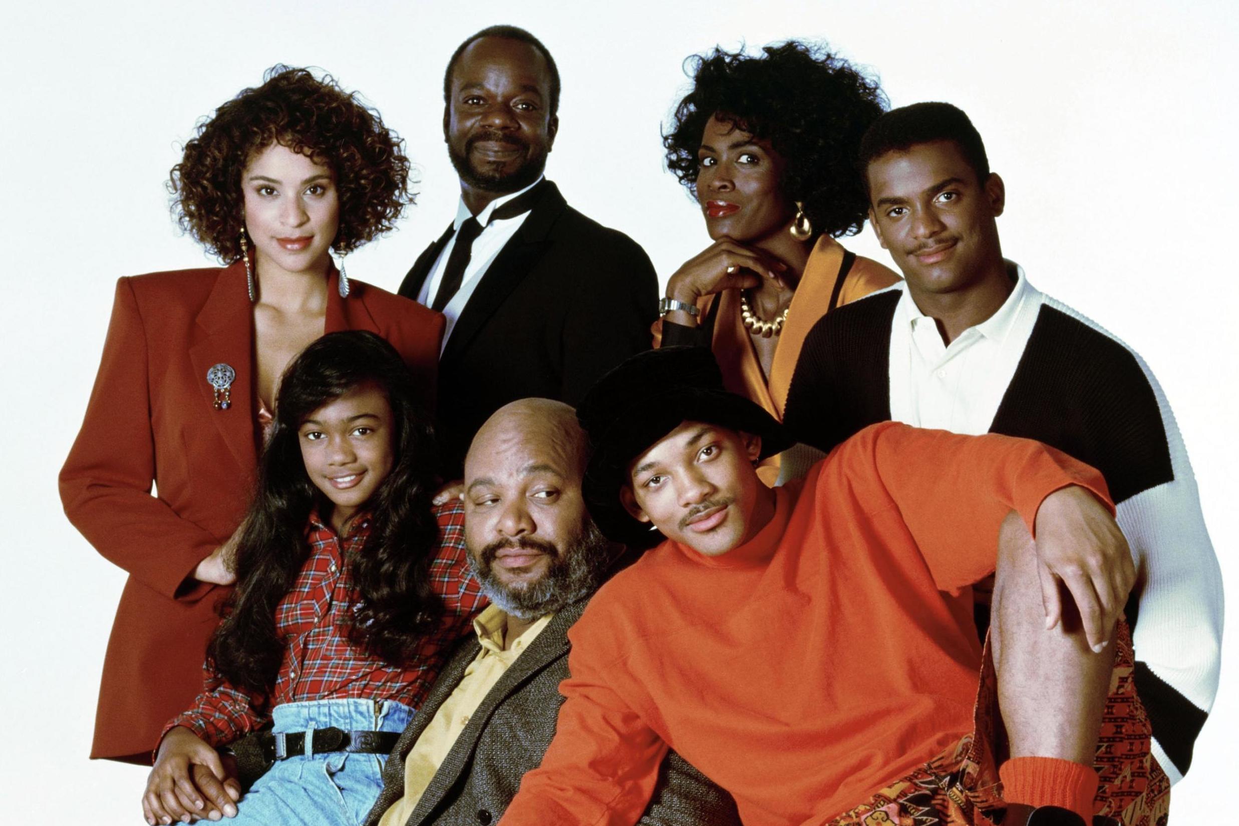 Karyn Parsons, Joseph Marcell, Janet Hubert, Alfonso Ribeiro, Tatyana Ali, James Avery, and Will Smith in a promo shot for ‘The Fresh Prince of Bel-Air’.
