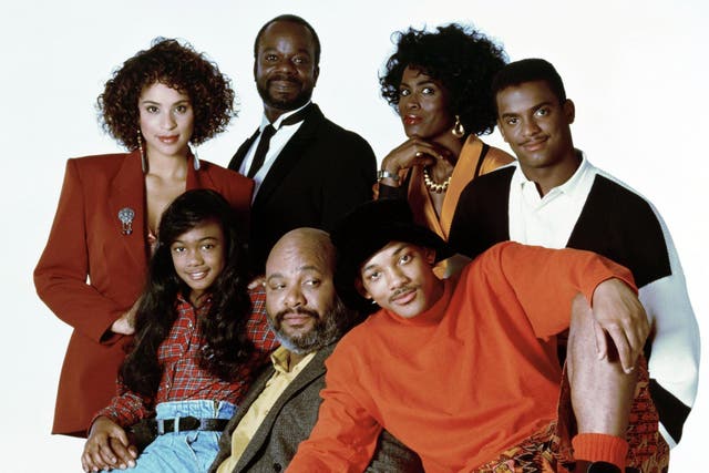 Karyn Parsons, Joseph Marcell, Janet Hubert, Alfonso Ribeiro, Tatyana Ali, James Avery, and Will Smith in a promo shot for 'The Fresh Prince of Bel-Air'.