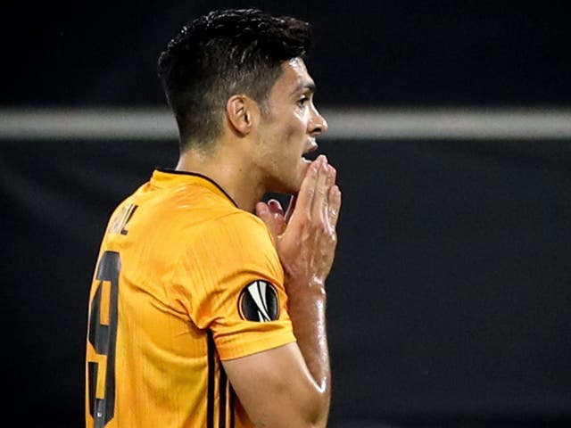 Raul Jimenez reacts after seeing his penalty effort saved during Wolves' Europa League exit